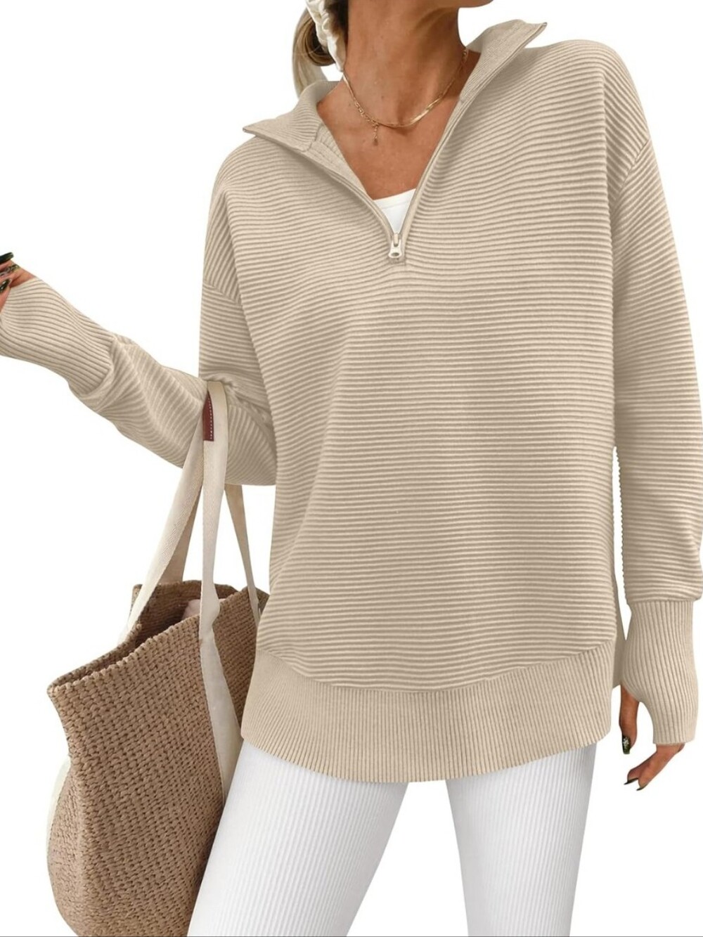 Ribbed Half-Zip Pullover Sweater in Beige, Size M